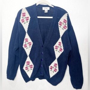 Lee David Vintage Blue Pink Rosette Knitted Floral Cardigan Sweater Coquette